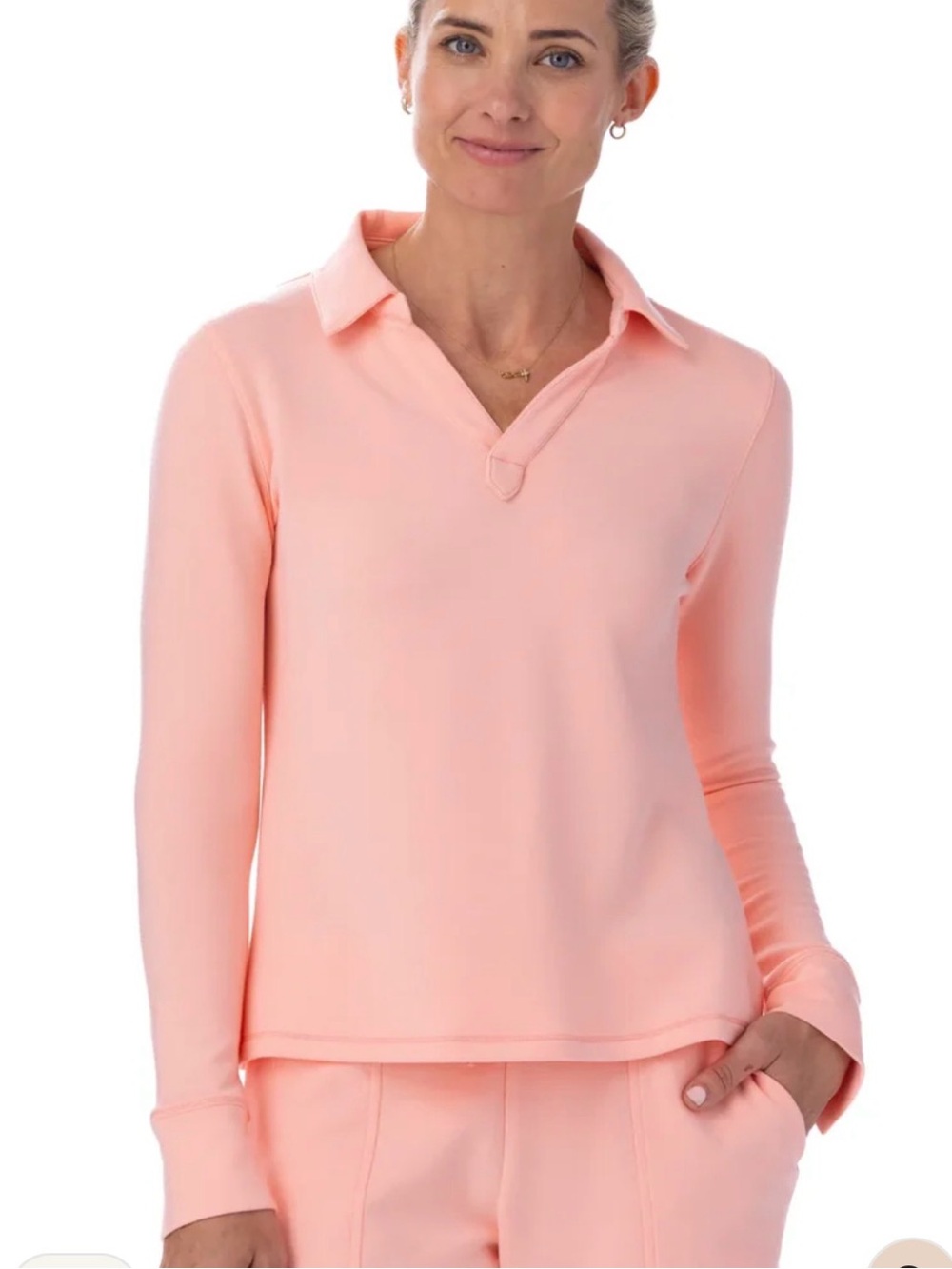 Belyn Key Bliss Knit Sport Polo Long Sleeve Golf Peach V Neck NWT